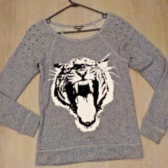 Women's Studded Long Sleeve Top Express Tiger Print Cotton Pullover Sweater XS - Picture 2 of 8
